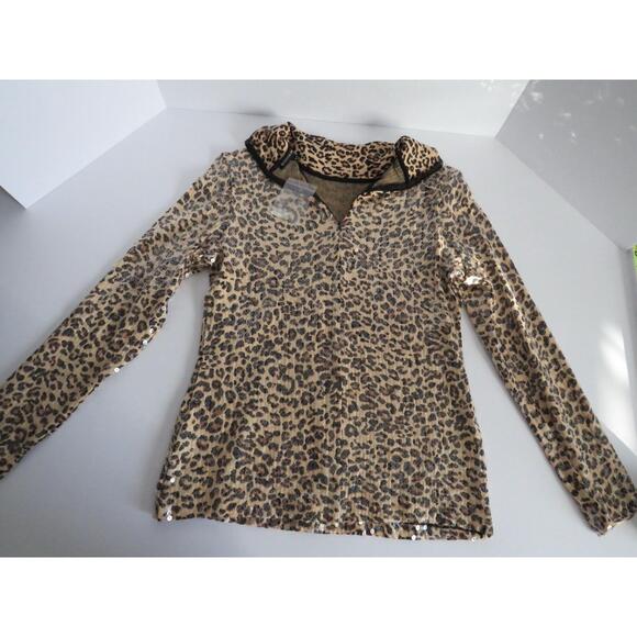 Boston Proper Sequined Leopard Long Sleeve Top With 3/4 Zipper Size M - Picture 1 of 9